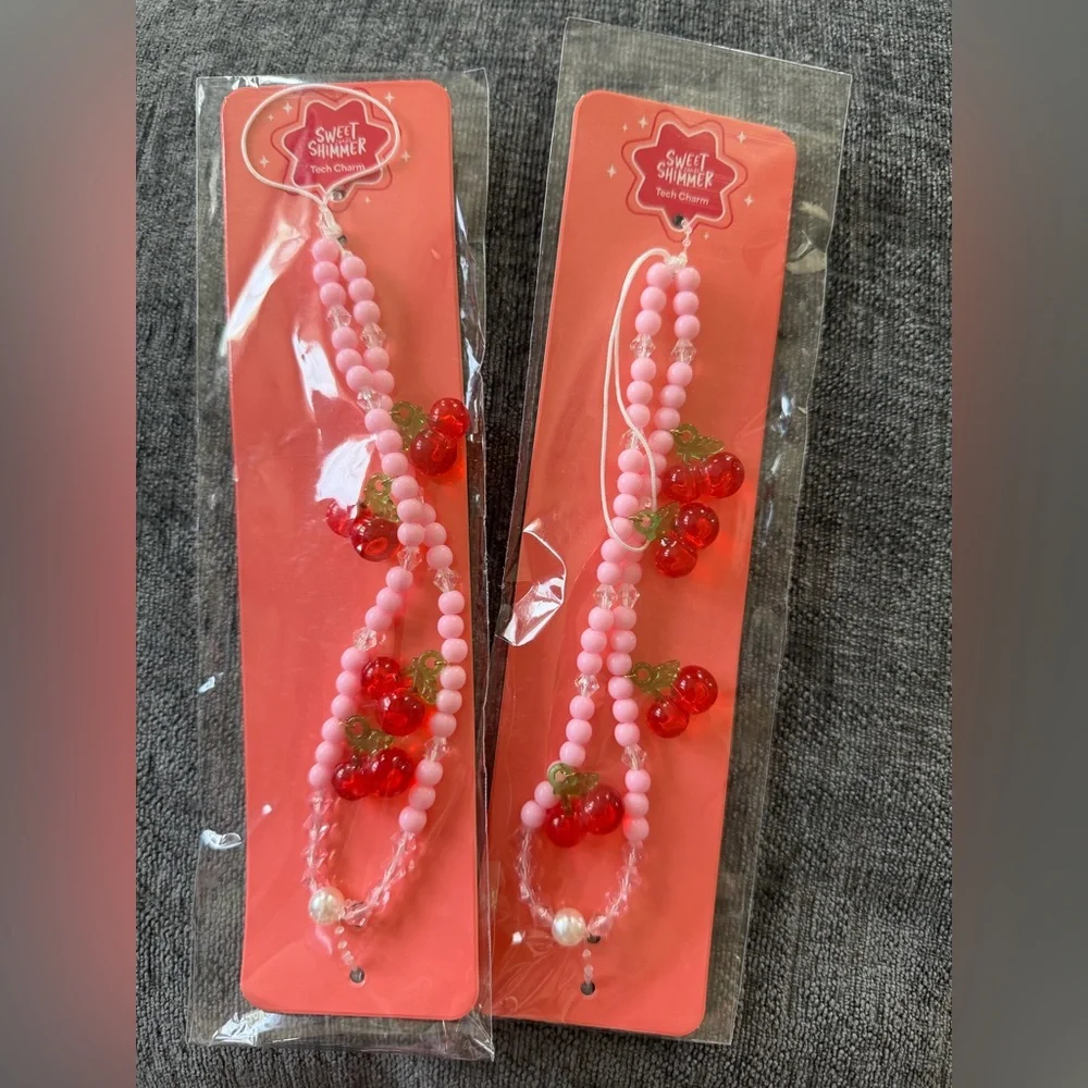 Pink Beaded Cherry Phone strap -